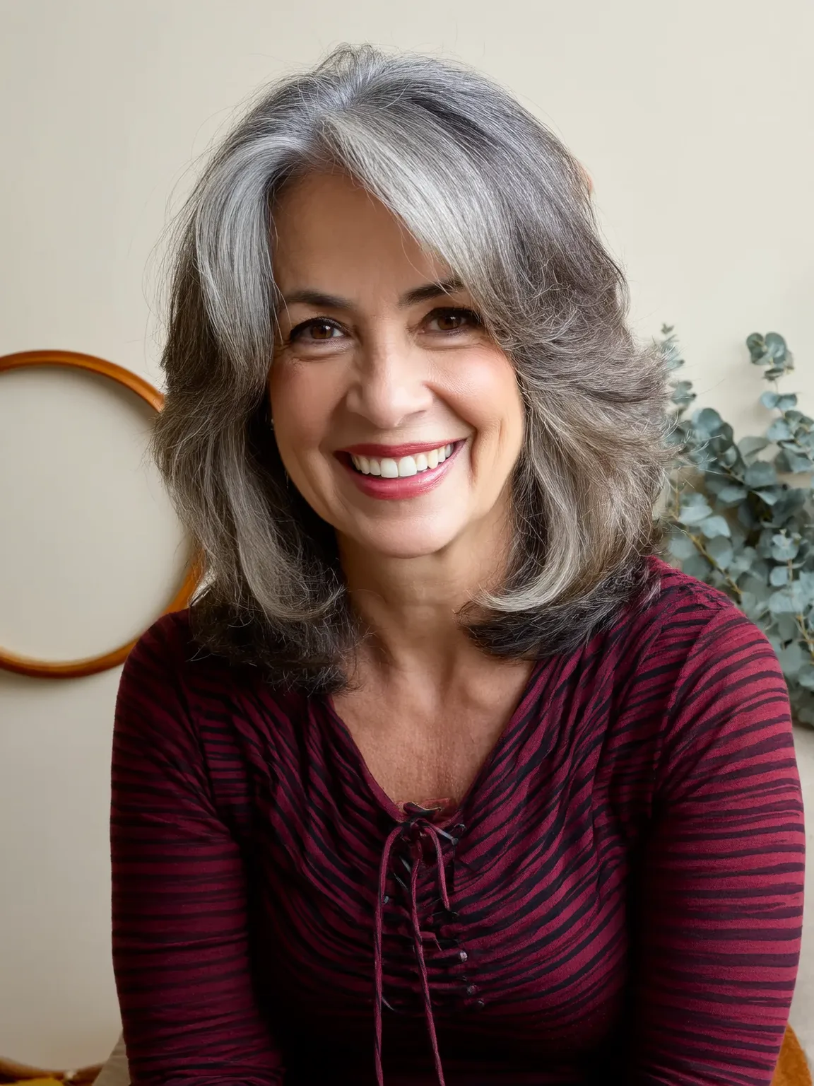 Layered Shoulder-Length Waves with Silver Sheen